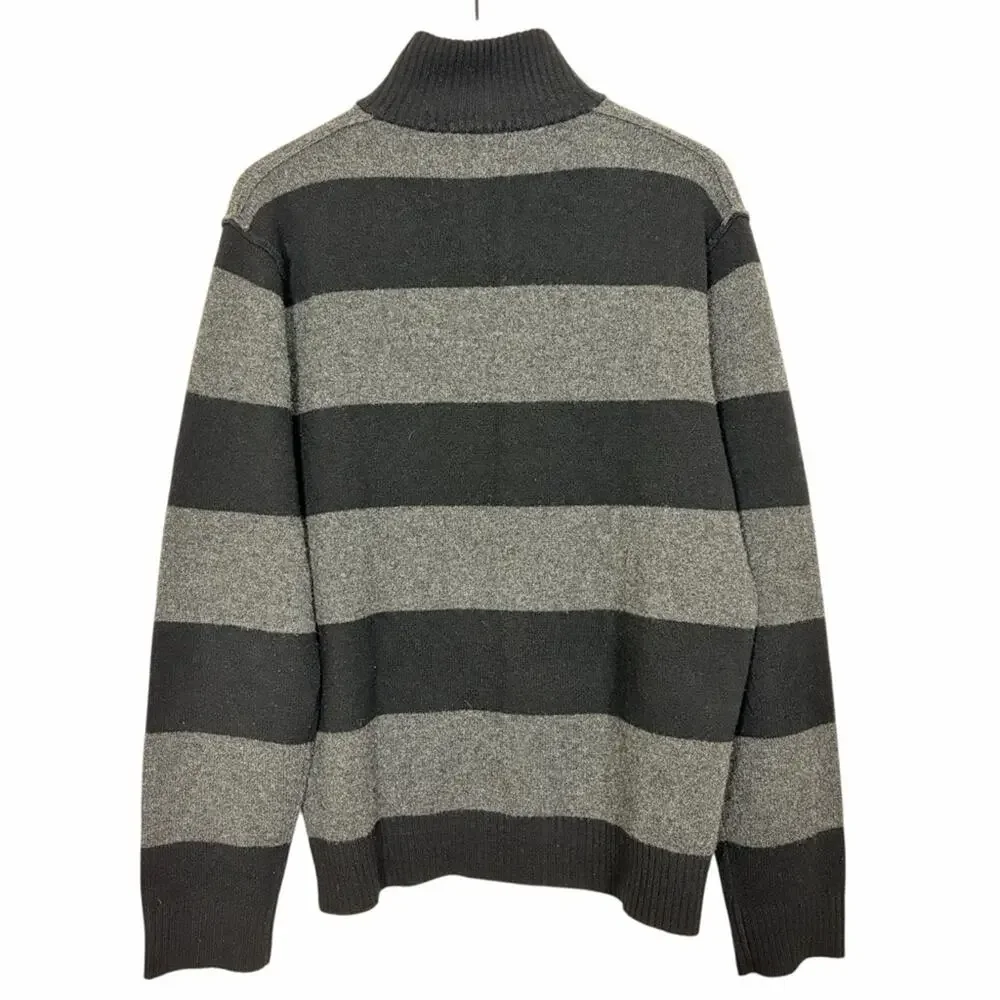 J. Crew Sweater Size Large Black Gray Striped 1/4 Zip 100% Lambswool 